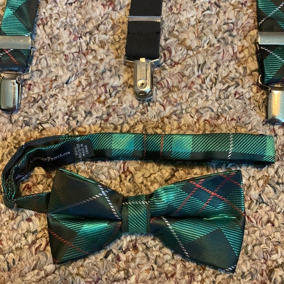 Bundle of youth boys suspenders & bow ties Green plaid Holiday winter - Picture 2 of 5